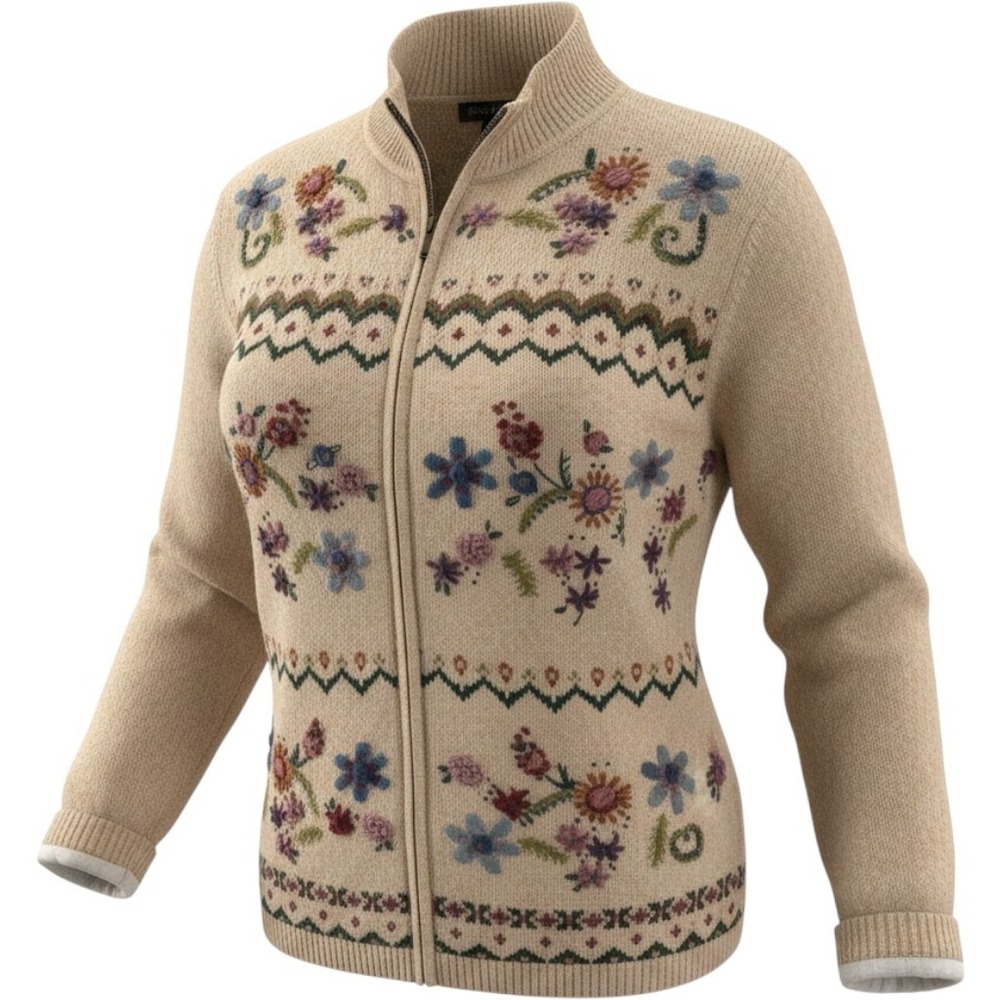 Alfred Dunner Vintage Floral Embroidered Zip Front Cardigan Sweater Tan M granny